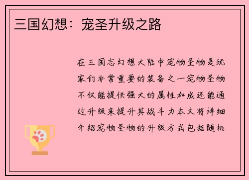 三国幻想：宠圣升级之路